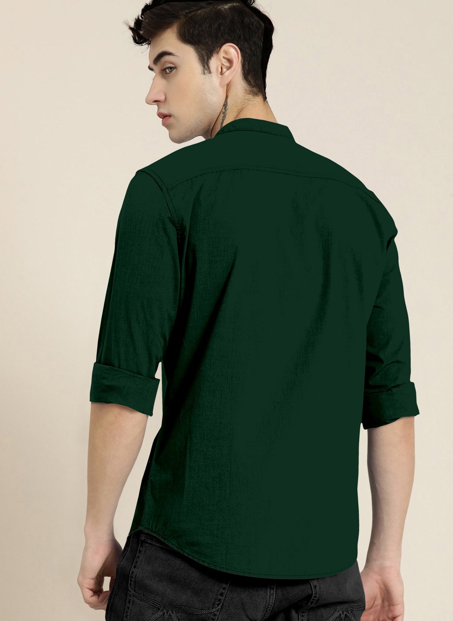 Stylish Bottle Green Men Slim Fit Solid Mandarin Collar Shirt