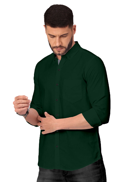 Men's Solid Plain Design Slim Fit Bottle Green Cotton Shirt