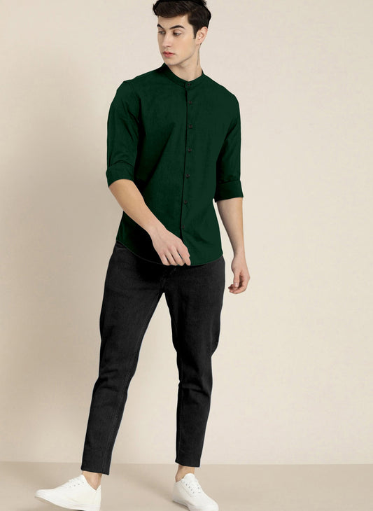 Stylish Bottle Green Men Slim Fit Solid Mandarin Collar Shirt