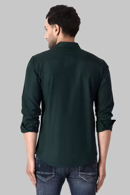 Men's Regular Fit Solid Spread Collar Casual Bottle Green Shirt