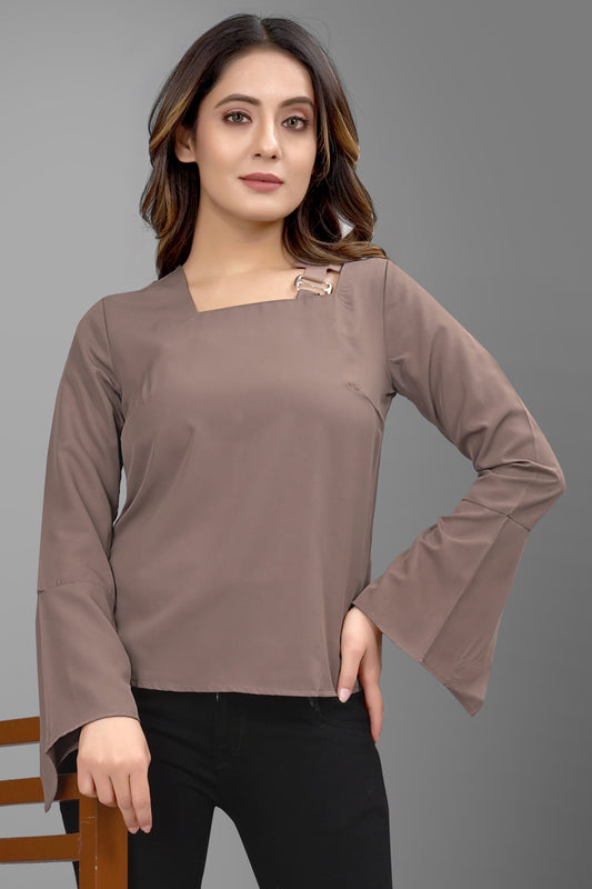 SUR-T Regular Sleeves Solid Velvet Women Cofee Top