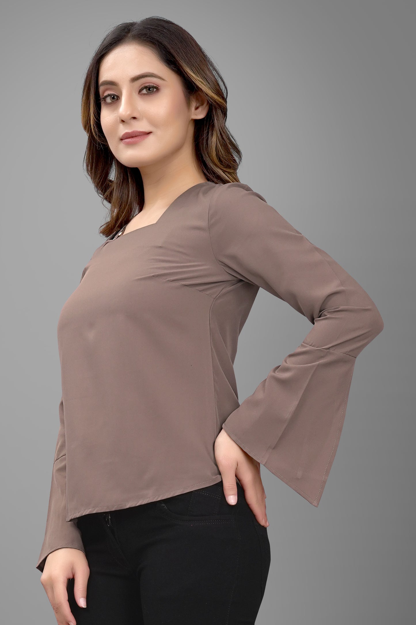 SUR-T Regular Sleeves Solid Velvet Women Cofee Top