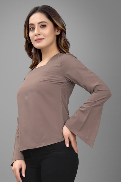 SUR-T Regular Sleeves Solid Velvet Women Cofee Top