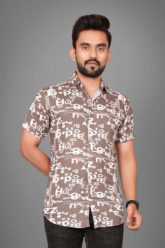 SUR-T Men's Regular Fit Printed Spread Collar Casual Coffee Shirt