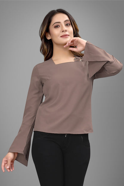 SUR-T Regular Sleeves Solid Velvet Women Cofee Top