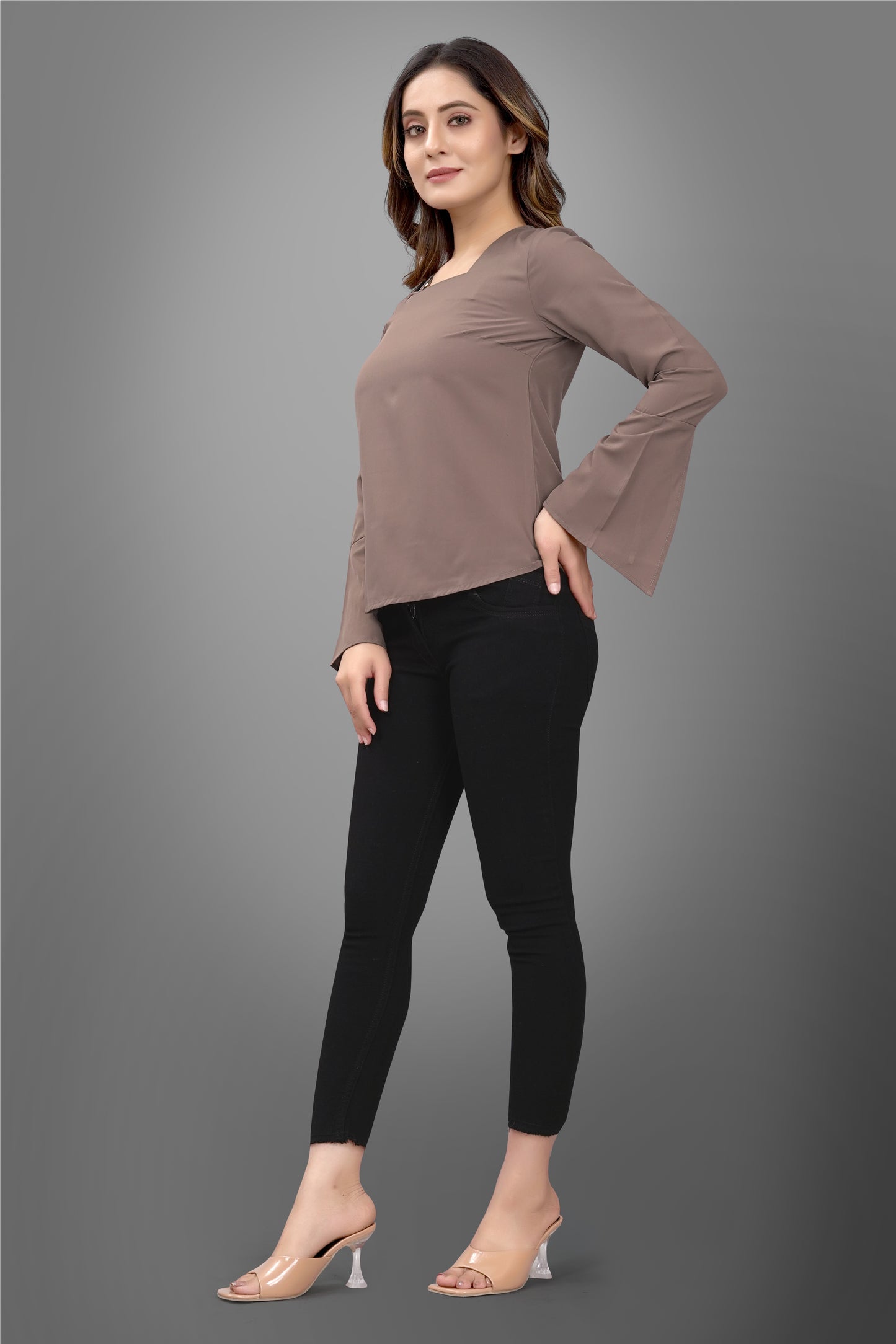 SUR-T Regular Sleeves Solid Velvet Women Cofee Top