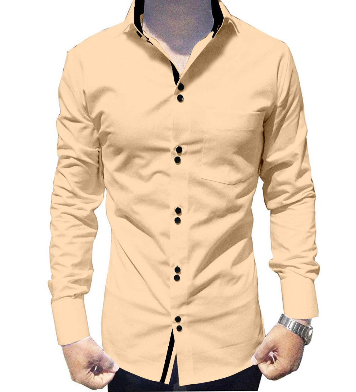 Men's Solid Slim Fit Cotton Double Button Beige Shirt