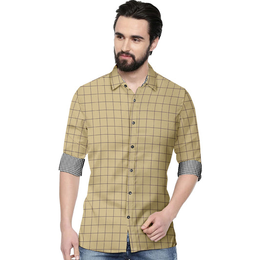 Men's 7 Checkers Slim Fit Beige Cotton Shirt