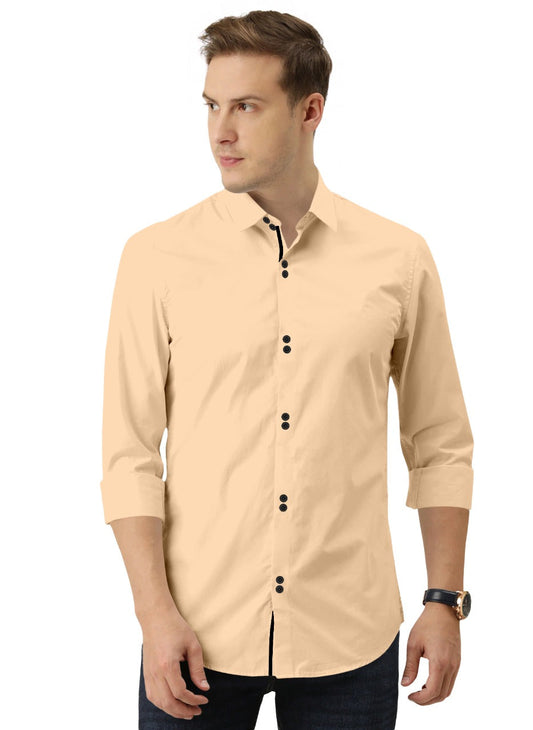 Men's Solid Slim Fit Cotton Double Button Beige Shirt