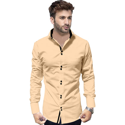 Men's Solid Slim Fit Cotton Double Button Beige Shirt