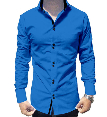 Men's Solid Slim Fit Cotton Double Button Dark Blue Shirt