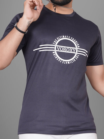 SUR-T Men Printed, Typography Round Neck Polyester Dark Grey T-Shirt