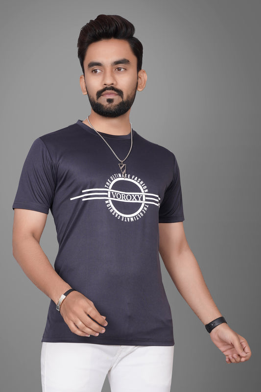 SUR-T Men Printed, Typography Round Neck Polyester Dark Grey T-Shirt