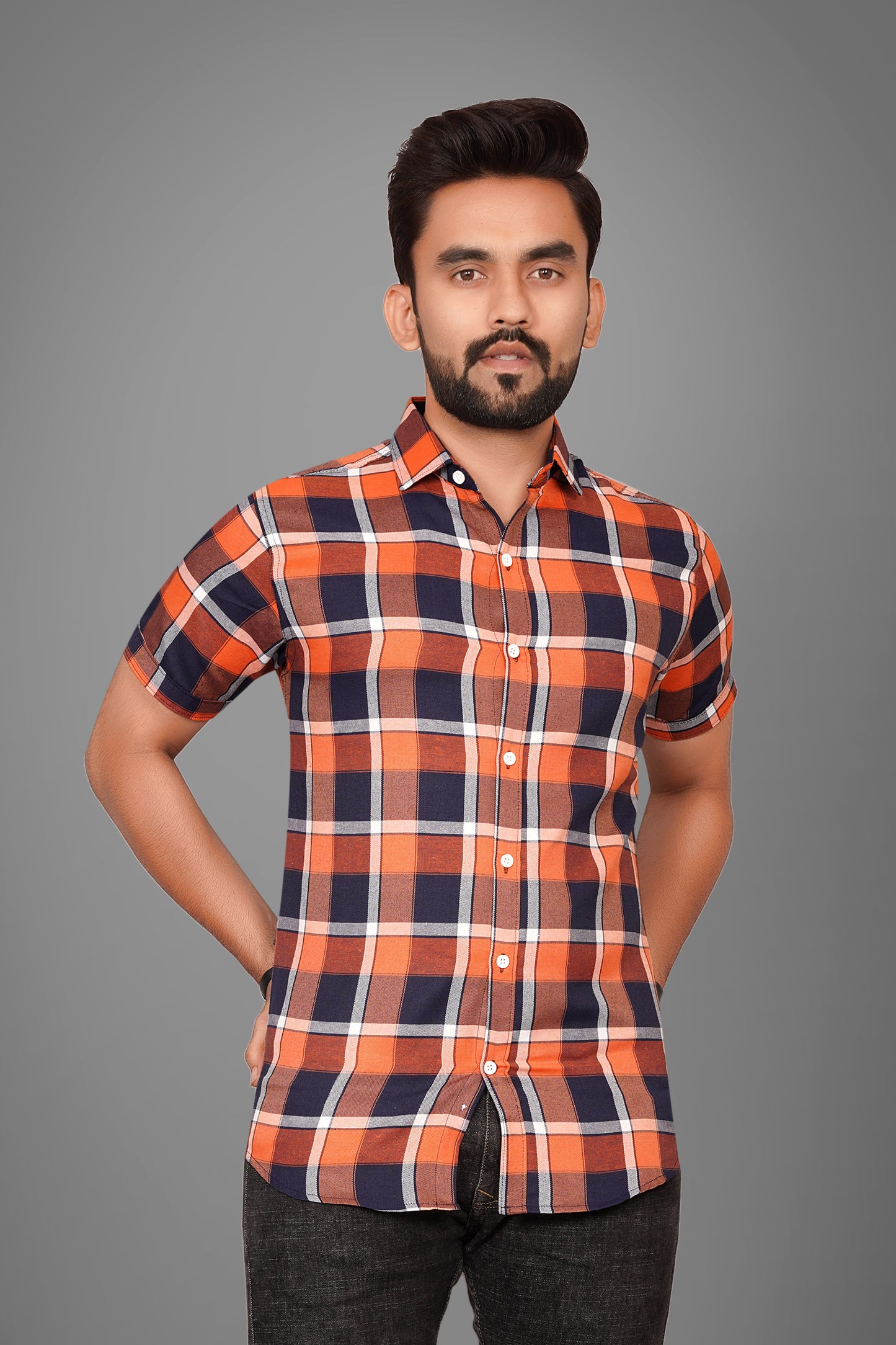 SUR-T Men's Regular Fit Printed Spread Collar Casual Dark Orange Shirt