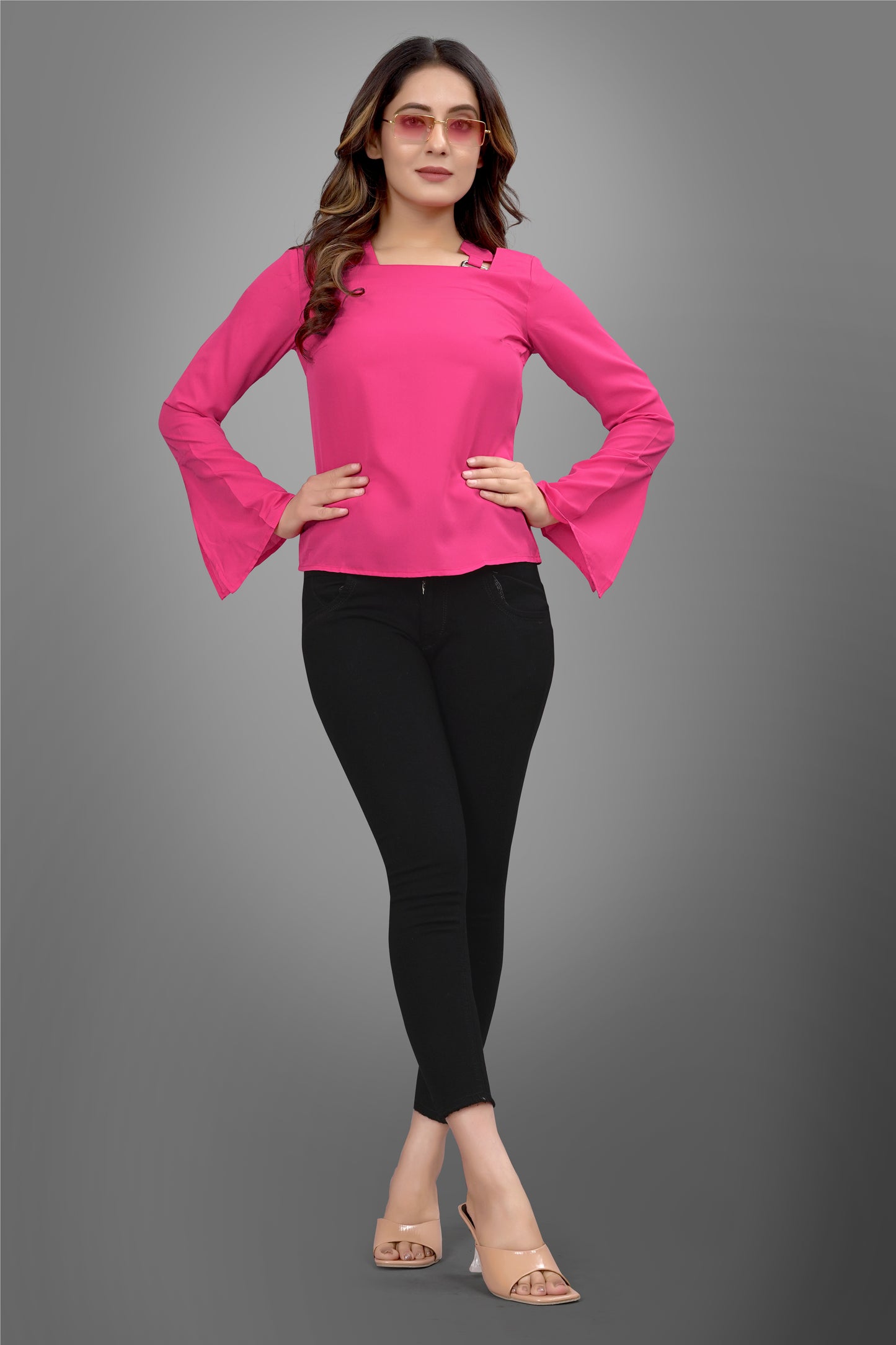 SUR-T Regular Sleeves Solid Velvet Women Dark Pink Top