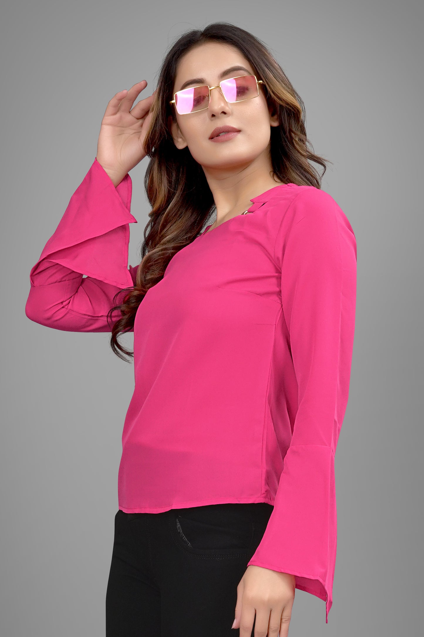 SUR-T Regular Sleeves Solid Velvet Women Dark Pink Top