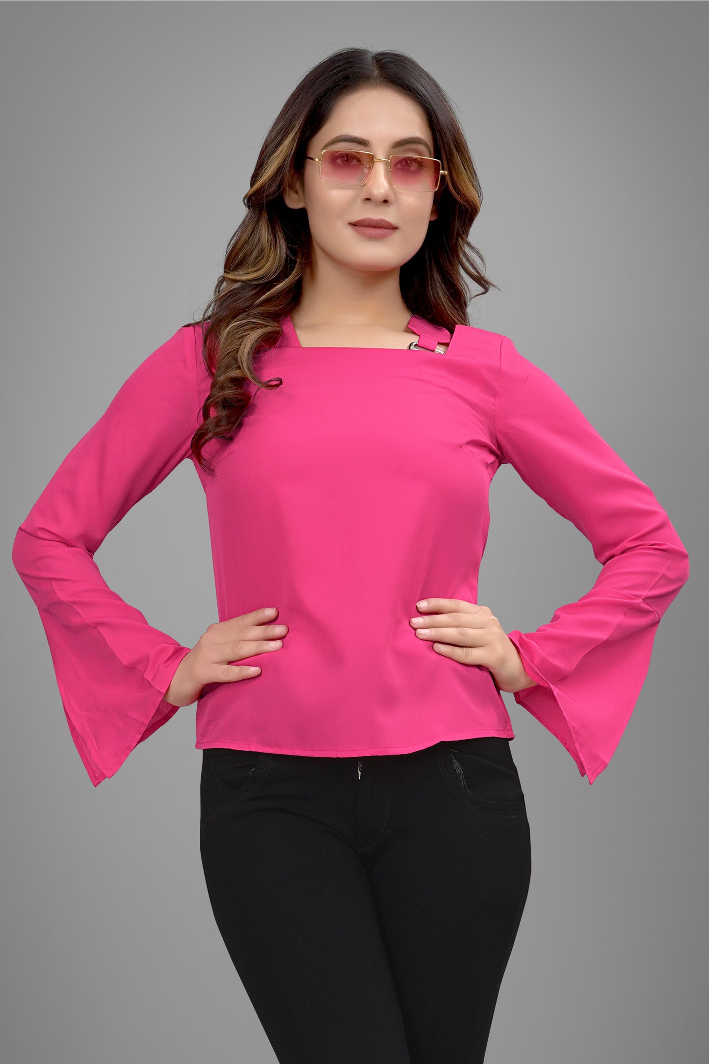 SUR-T Regular Sleeves Solid Velvet Women Dark Pink Top