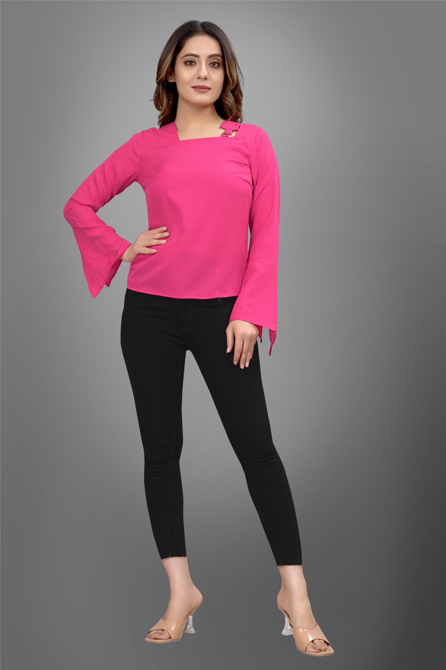 SUR-T Regular Sleeves Solid Velvet Women Dark Pink Top