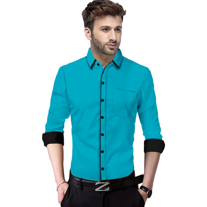 Men's Liner Design Slim Fit Dark Blue Cotton Shirt