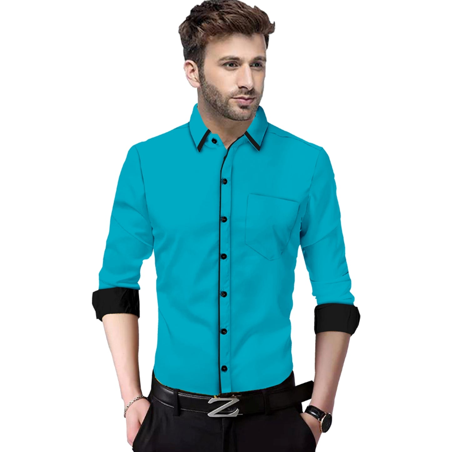 Men's Liner Design Slim Fit Dark Blue Cotton Shirt