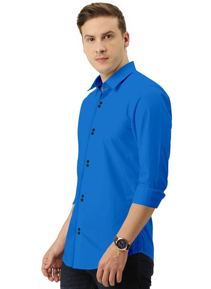 Men's Solid Slim Fit Cotton Double Button Dark Blue Shirt