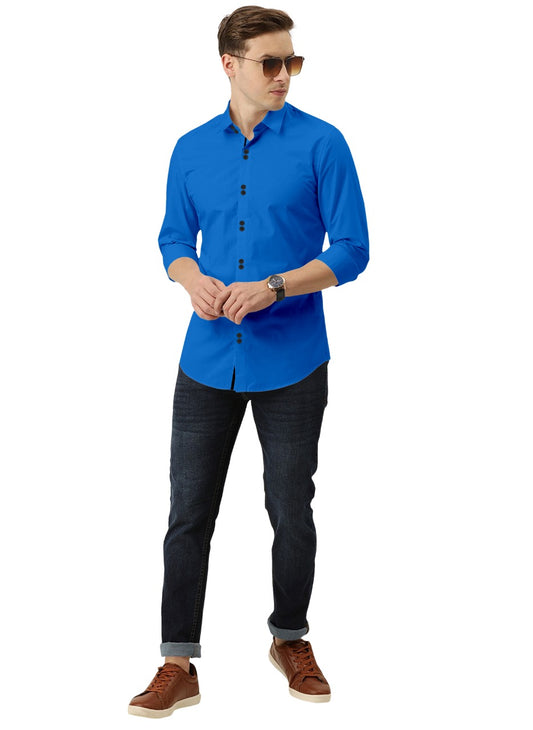 Men's Solid Slim Fit Cotton Double Button Dark Blue Shirt