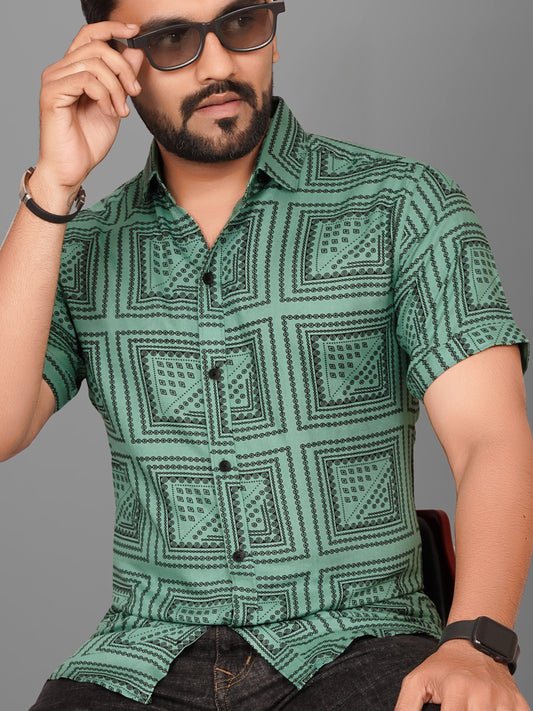 SUR-T Men's Regular Fit Printed Spread Collar Casual Mehndi Green Shirt