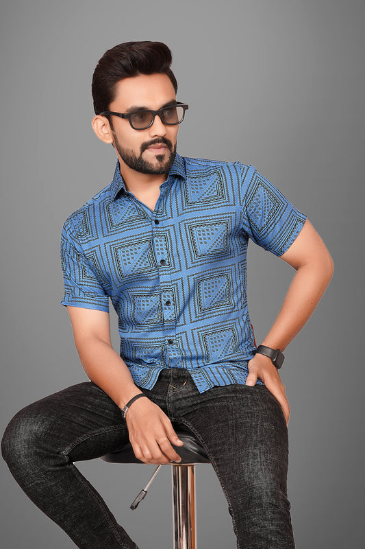 SUR-T Men's Regular Fit Printed Spread Collar Casual Blue Shirt