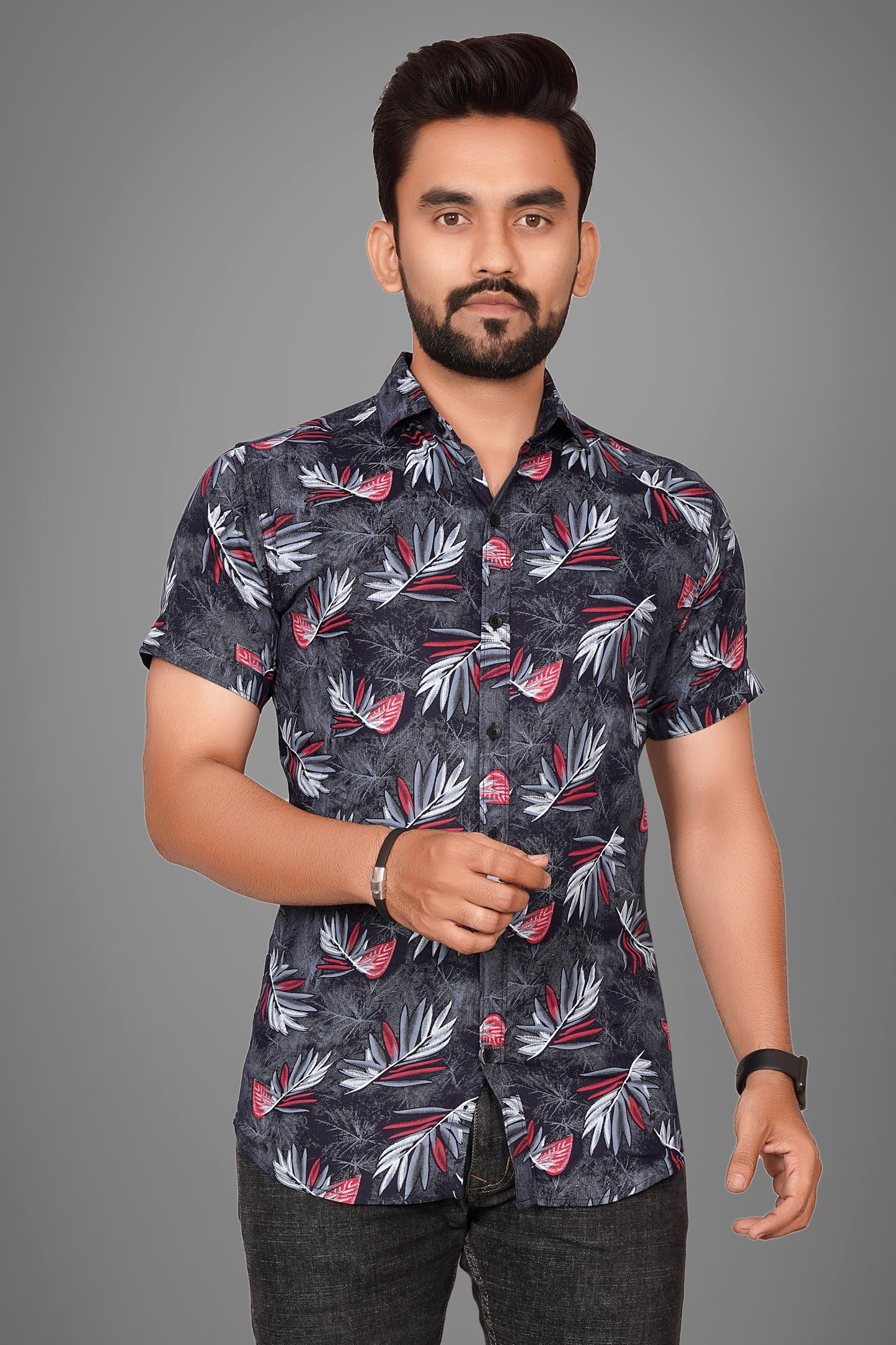 SUR-T Men's Regular Fit Flower Printed Spread Collar Casual Navy Shirt