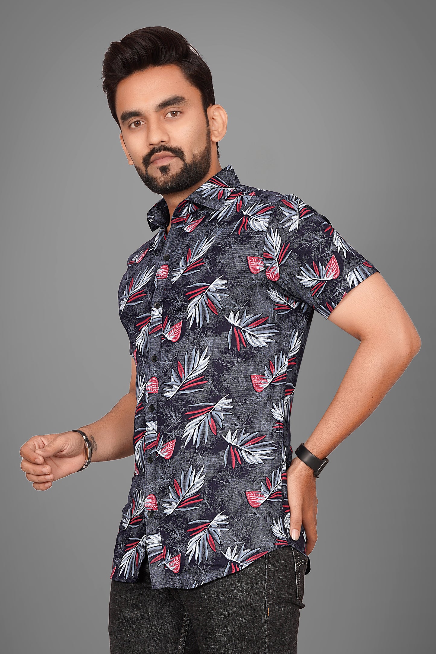 SUR-T Men's Regular Fit Flower Printed Spread Collar Casual Navy Shirt