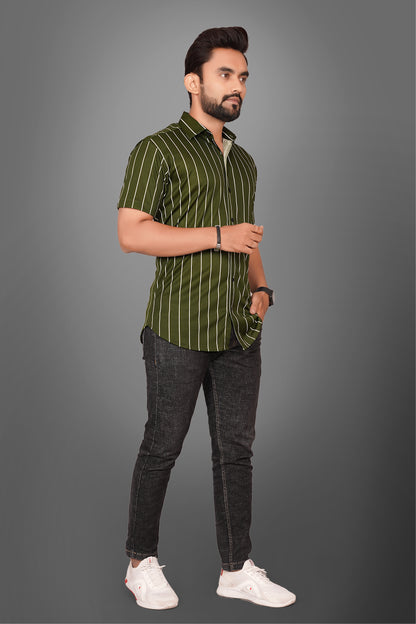 SUR-T Men Regular Fit Striped Spread Collar Casual Mehndi Green Shirt