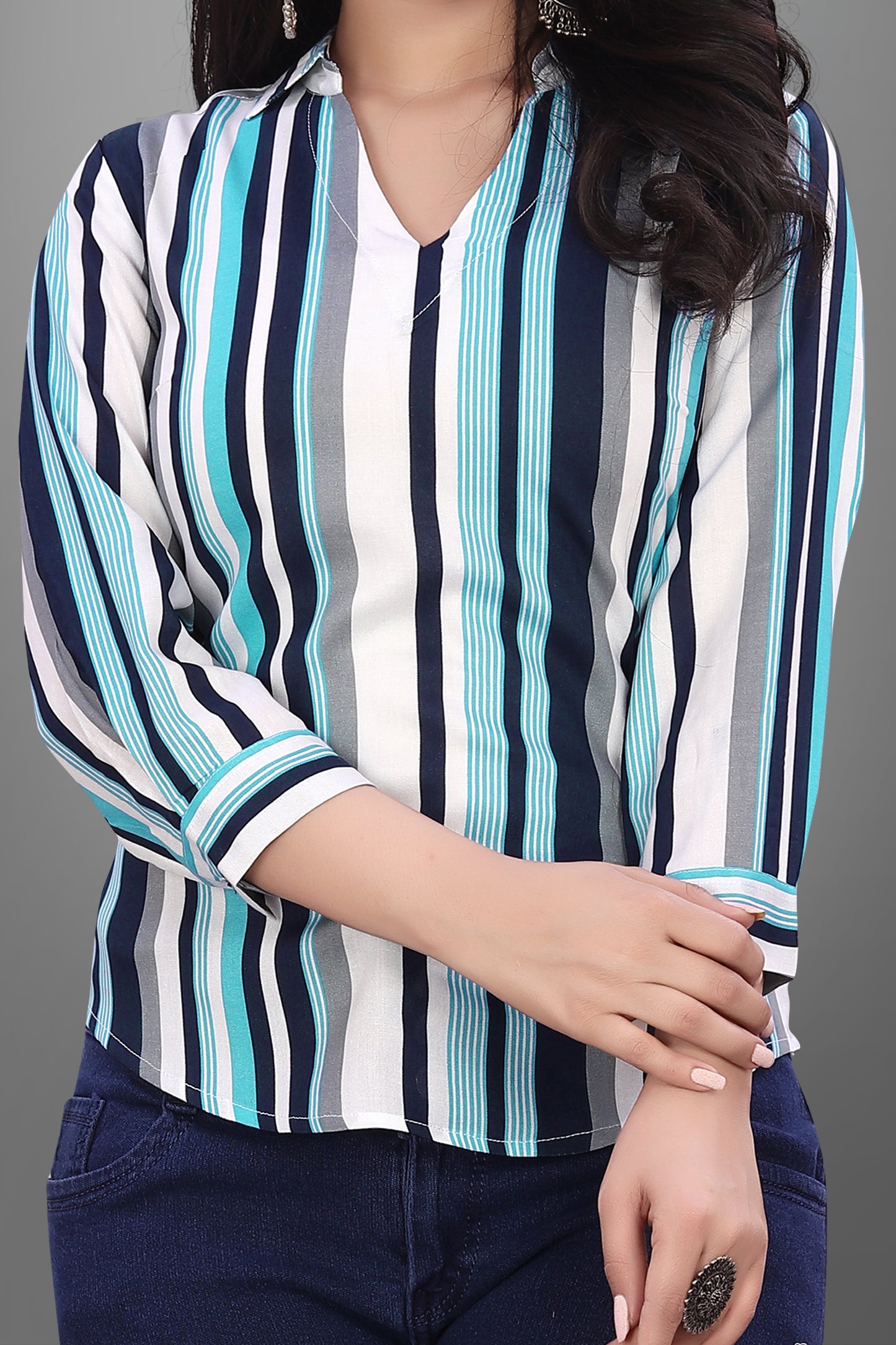 SUR-T Casual Regular Sleeves V-Shape Striped Women Firozi Top