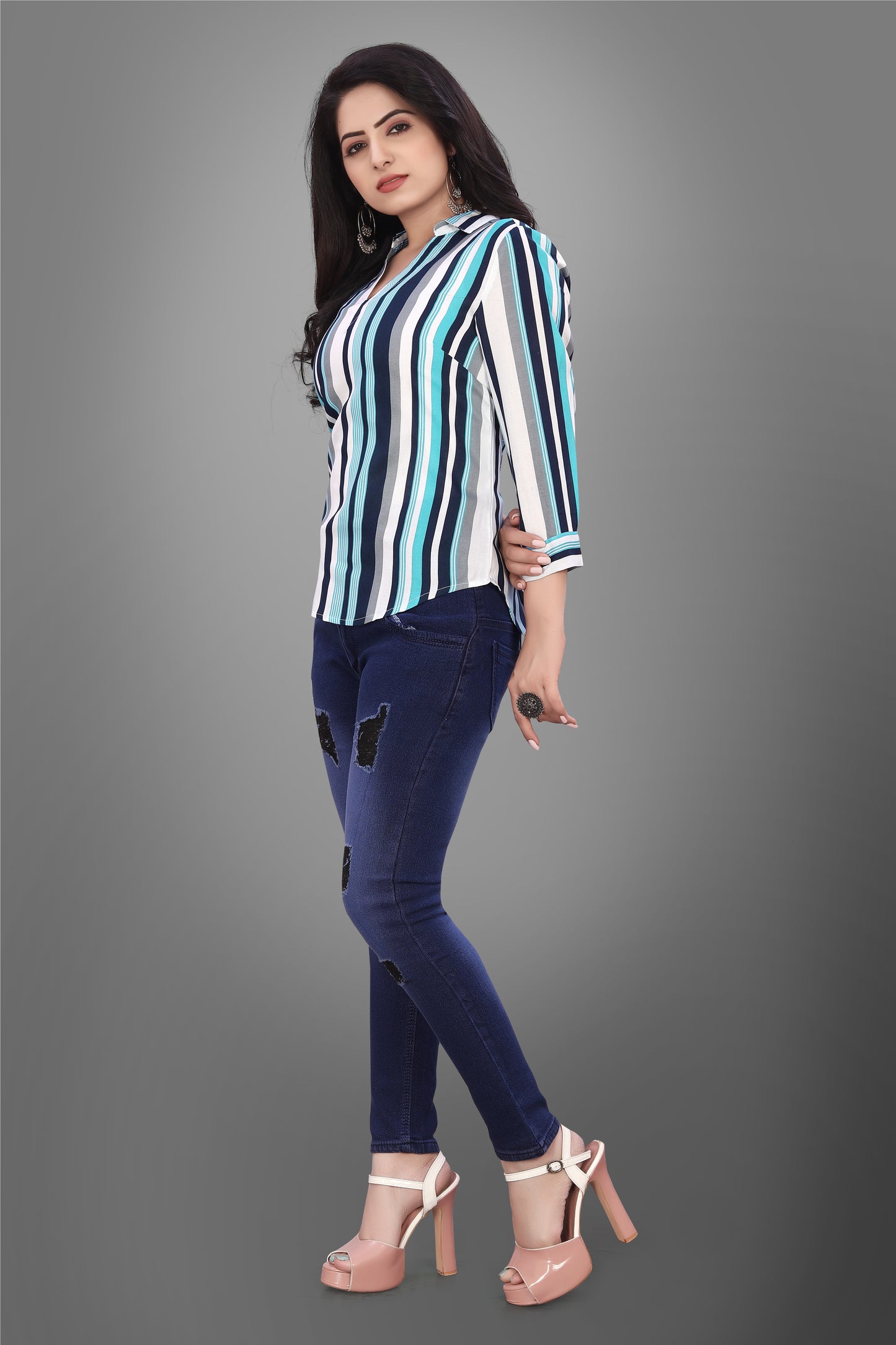 SUR-T Casual Regular Sleeves V-Shape Striped Women Firozi Top