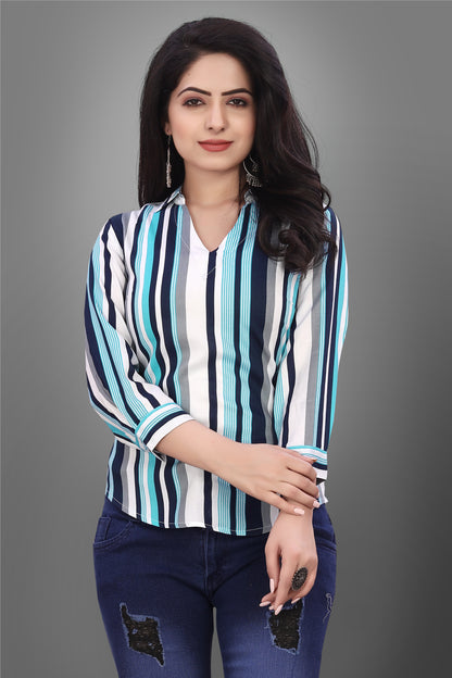 SUR-T Casual Regular Sleeves V-Shape Striped Women Firozi Top