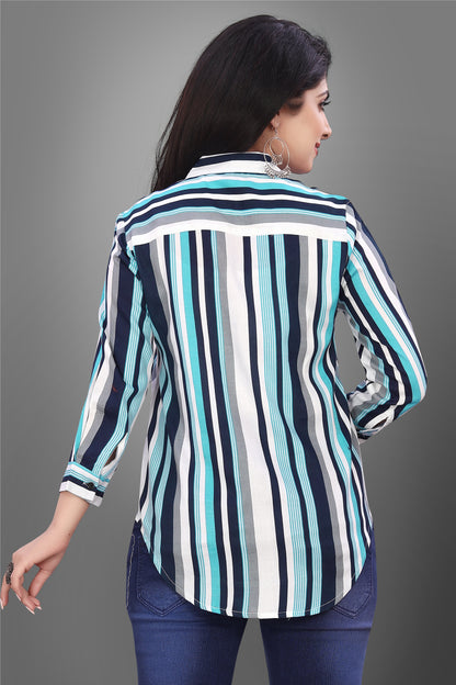 SUR-T Casual Regular Sleeves V-Shape Striped Women Firozi Top