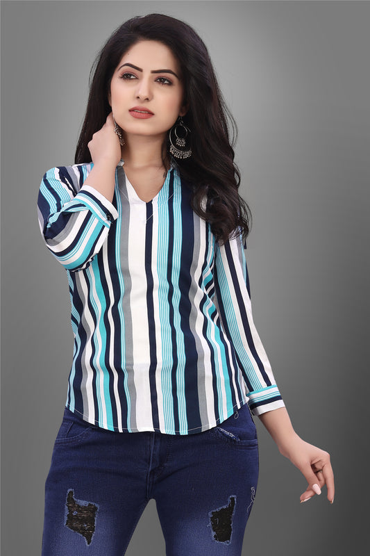 SUR-T Casual Regular Sleeves V-Shape Striped Women Firozi Top