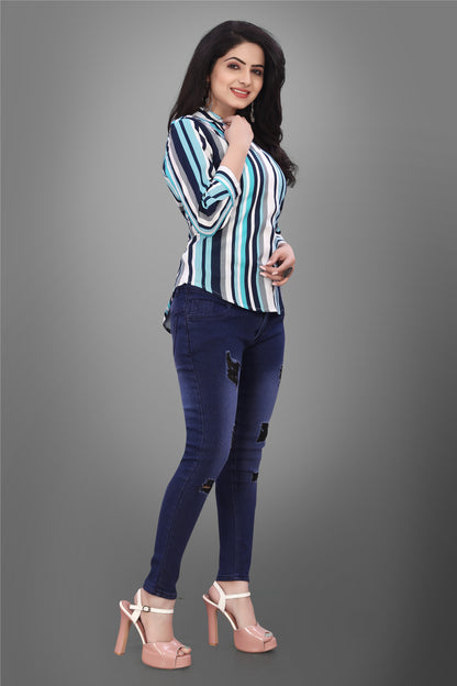 SUR-T Casual Regular Sleeves V-Shape Striped Women Firozi Top