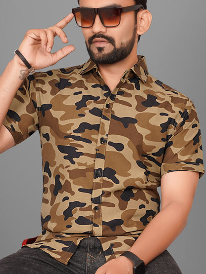 SUR-T Men's Regular Fit Army Design Spread Collar Casual Khaki Shirt