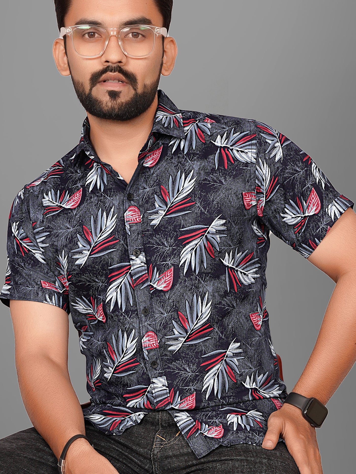 SUR-T Men's Regular Fit Flower Printed Spread Collar Casual Navy Shirt