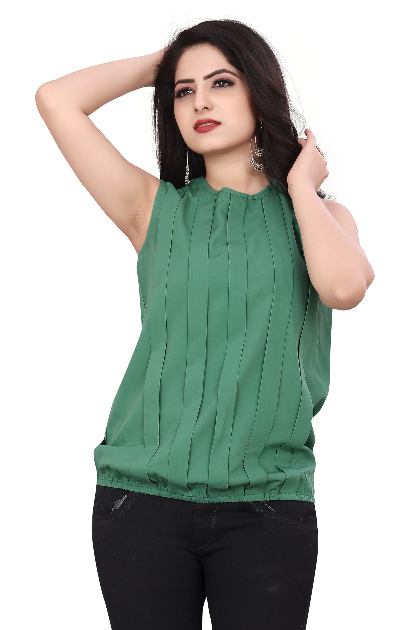 SUR-T Casual Sleeveless Striped Women Green Top