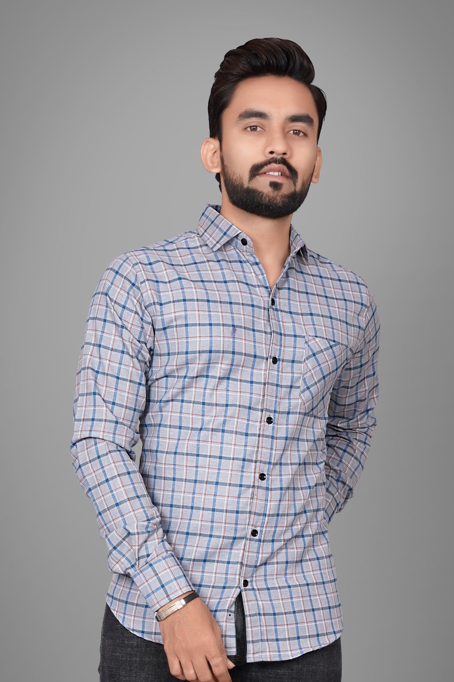 SUR-T Men Regular Fit Checkered Spread Collar Casual Grey Shirt