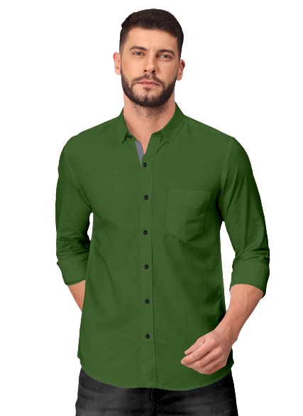 Men's Solid Plain Design Slim Fit Dark Green Cotton Shirt