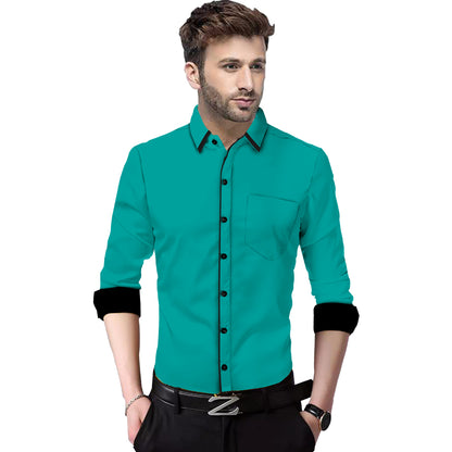Men's Liner Design Slim Fit Dark Green Cotton Shirt