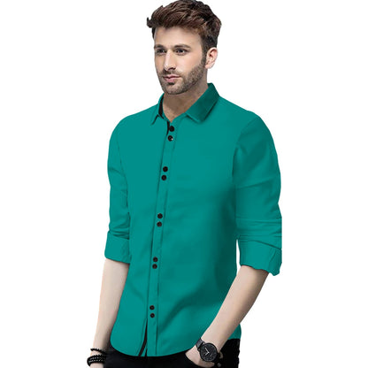 Men's Solid Slim Fit Cotton Double Button Dark Green Shirt