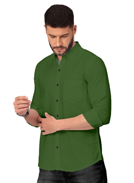 Men's Solid Plain Design Slim Fit Dark Green Cotton Shirt
