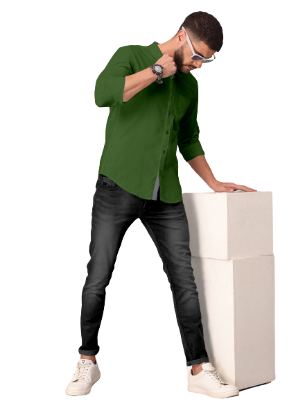 Men's Solid Plain Design Slim Fit Dark Green Cotton Shirt