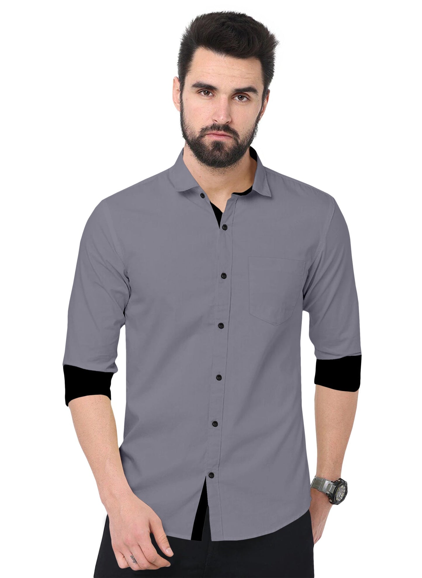 Men's Solid Plain Design Slim Fit Grey Cotton Shirt