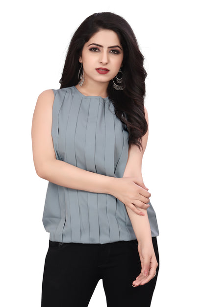 SUR-T Casual Sleeveless Striped Women Grey Top