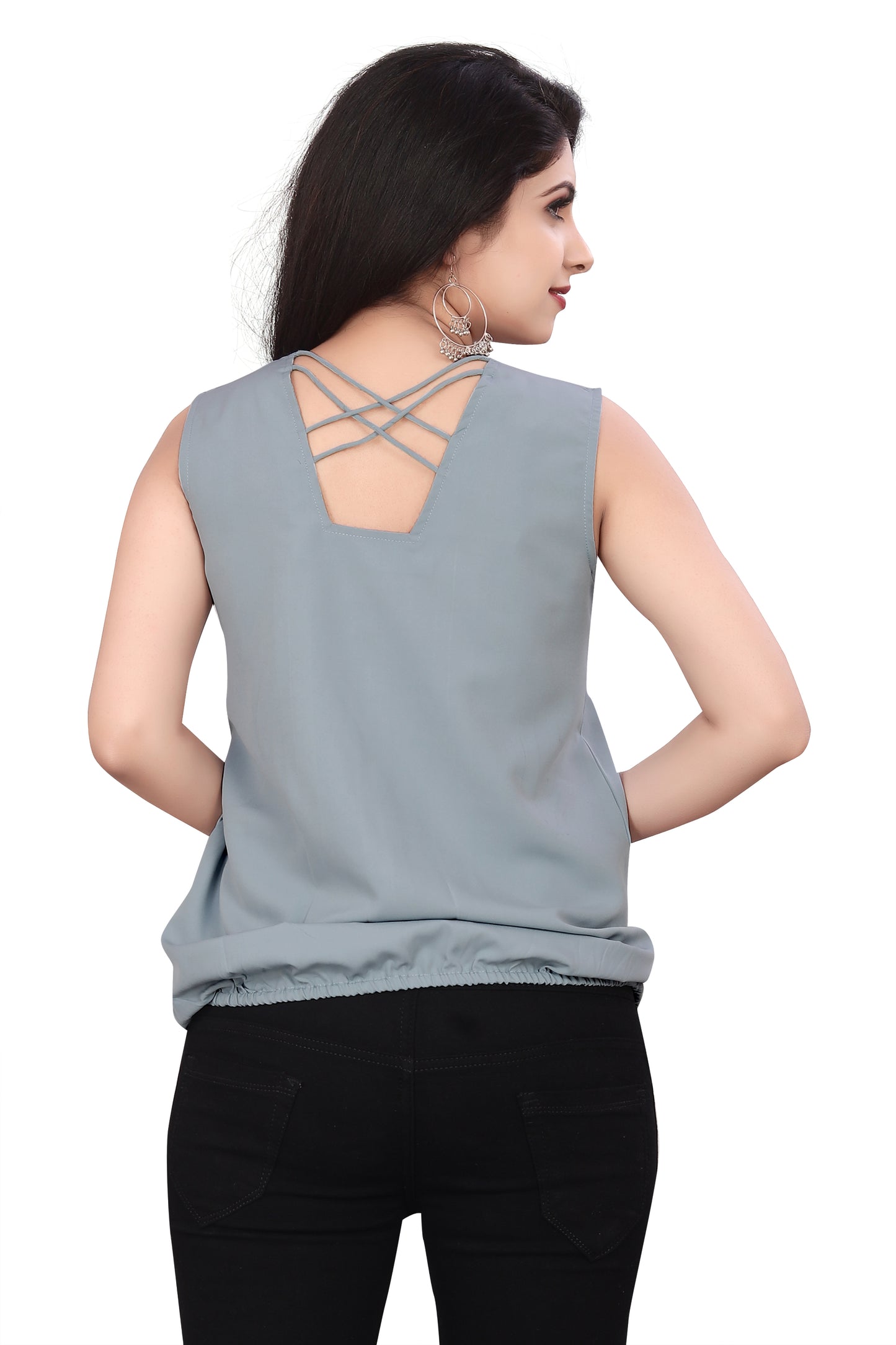 SUR-T Casual Sleeveless Striped Women Grey Top