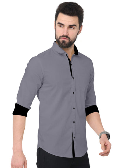 Men's Solid Plain Design Slim Fit Grey Cotton Shirt